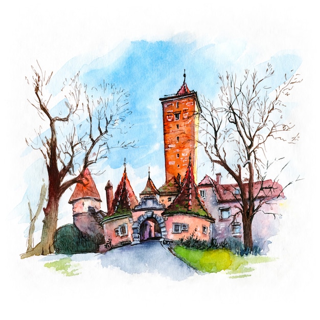 Aquarel schets van toren Burgturm