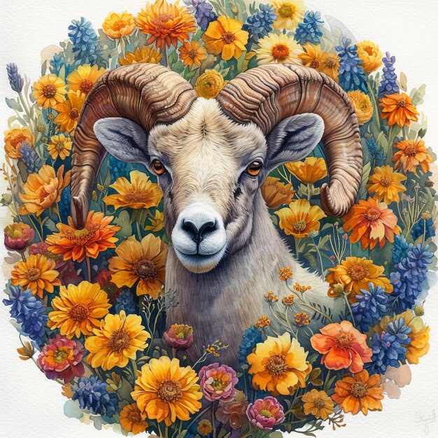 Aquarel schilderen van levendige bloemenveld en geïsoleerde Urial Generative AI