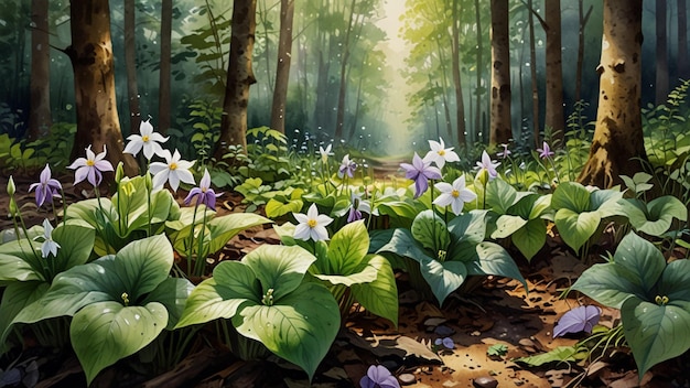 Foto aquarel schilderij een reeks delicate bosbloemen zoals trilliums viooltjes en dames slipper