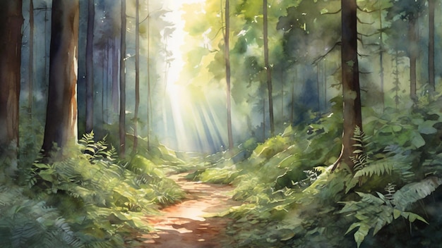 Foto aquarel schilderij een vreedzame scène in een gematigd bos met zonlicht dat door de bomen filtert