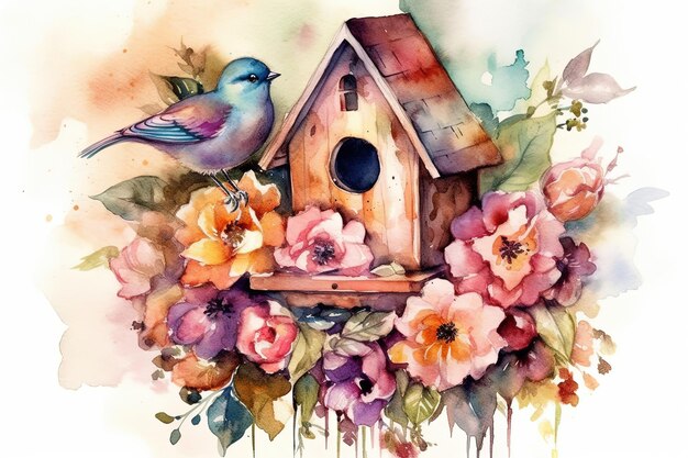 Aquarel schilderij illustratie van een mooi houten vogelhuis en vogel in bloemen