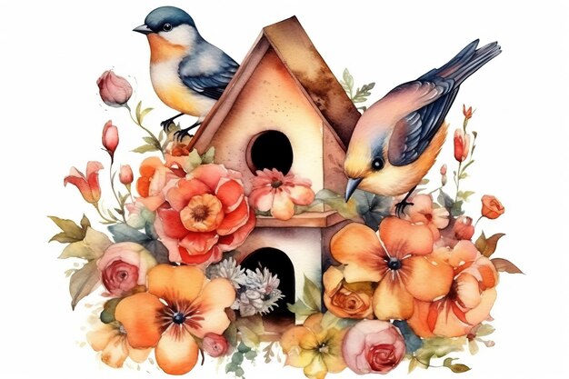 Aquarel schilderij illustratie van een mooi houten vogelhuis en vogel in bloemen