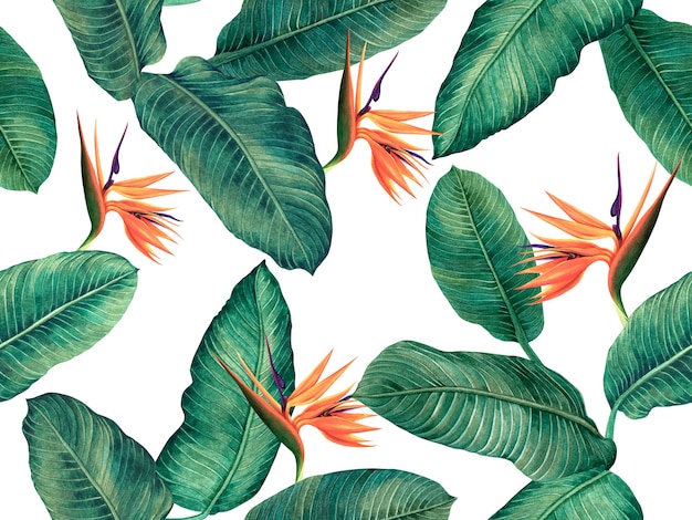 Aquarel schilderij paradijsvogel bloeiende bloemen kleurrijke naadloze patroon achtergrond