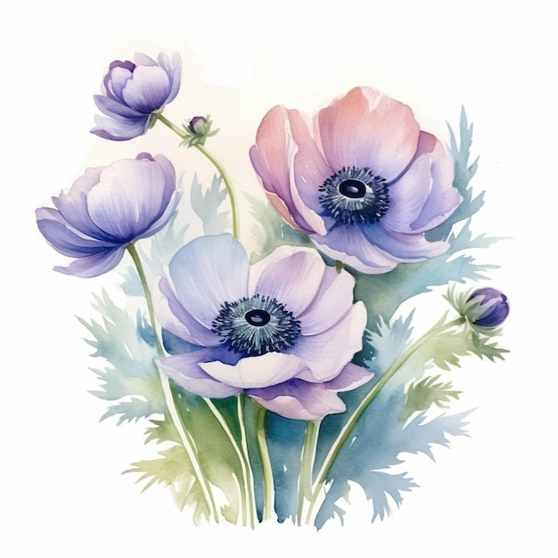 Aquarel schilderij van anemonen met paarse en roze bloemen