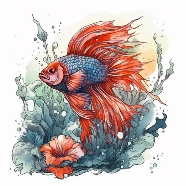 Aquarel schilderij van betta vis