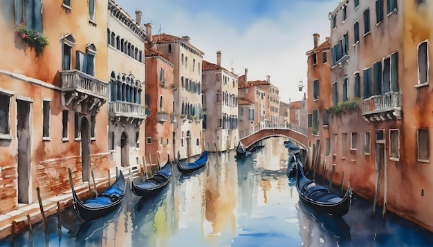 Aquarel schilderij van de kanalen van Venetië die de kleurrijke gevels van historische gebouwen weerspiegelen