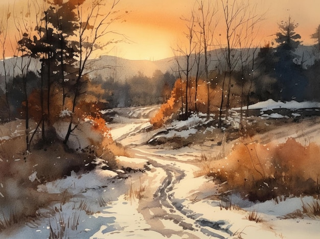 Aquarel schilderij van een besneeuwd landschap met een zonsondergang op de achtergrond.