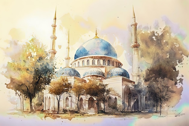 Aquarel schilderij van een blauwe moskee