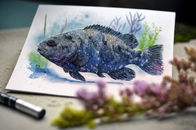 Aquarel schilderij van een blauwe vis