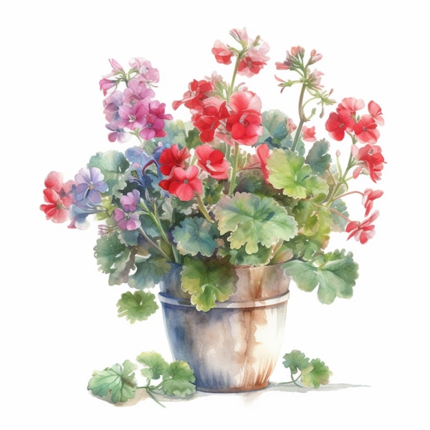 Aquarel schilderij van een bloempot met geraniums.