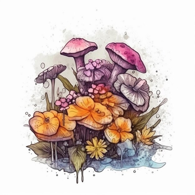 Aquarel schilderij van een charmant boeket bloemen en paddenstoelen