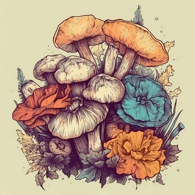 Aquarel schilderij van een charmant boeket bloemen en paddenstoelen