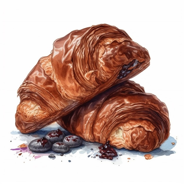 Aquarel schilderij van een croissant en bosbessen