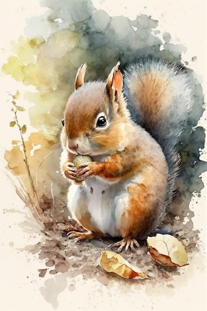 Aquarel schilderij van een eekhoorn die een acryl schilderij van een eekhoorn eet.