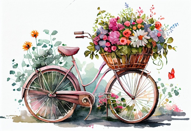 Aquarel schilderij van een fiets vol bloemen Generatieve AI