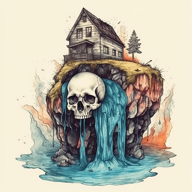 Aquarel schilderij van een groot schedelvormig huis