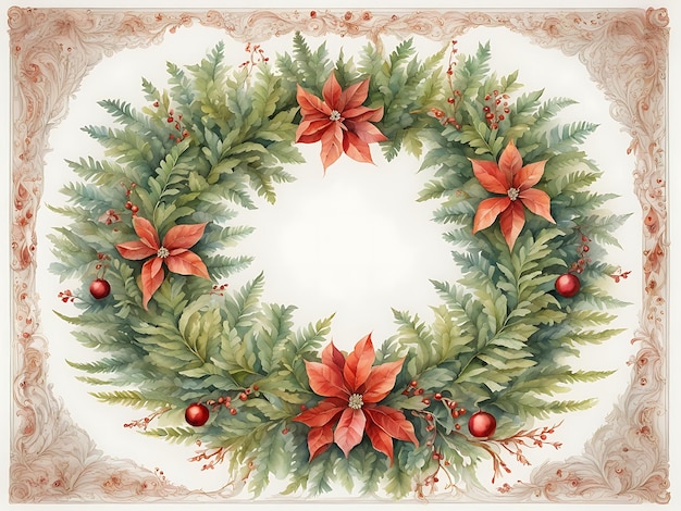 aquarel schilderij van een kerstkrans krans van varens uitgebreid bloemenornament decoratief