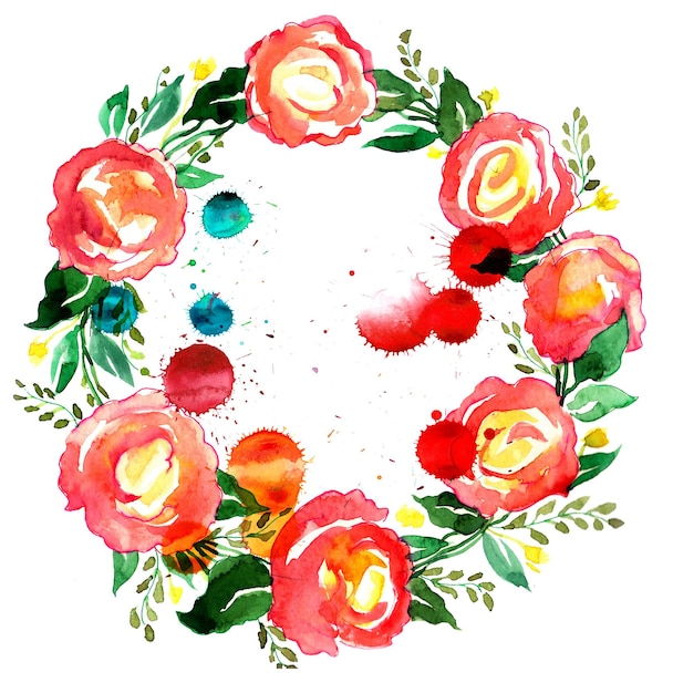 Aquarel schilderij van een krans van rozen met rode verfspatten.