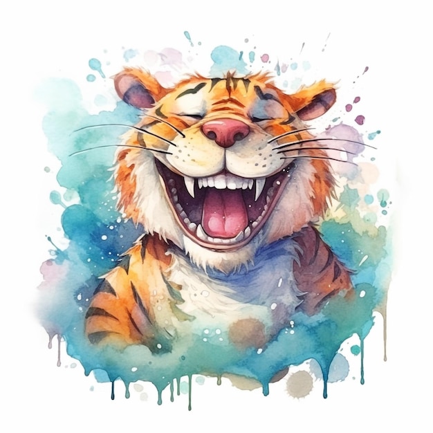 Aquarel schilderij van een lachende tijger