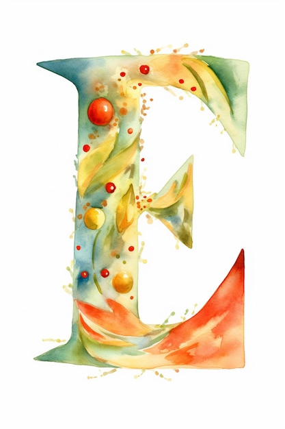 Aquarel schilderij van een letter e met een achtergrond van bladeren en aquarellen