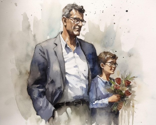 Aquarel schilderij van een man en zijn zoon