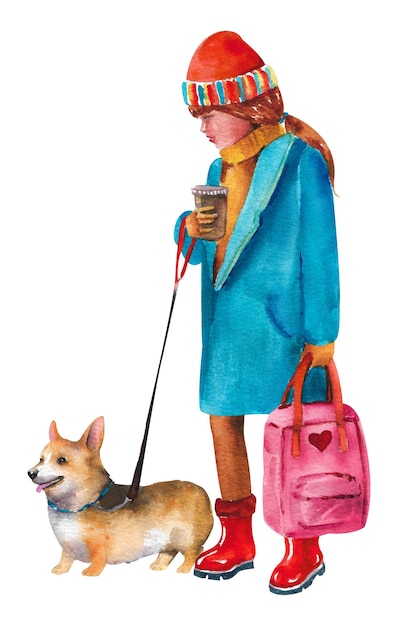 Aquarel schilderij van een meisje met een hond Een meisje in een jas en hoed loopt een corgi-hond