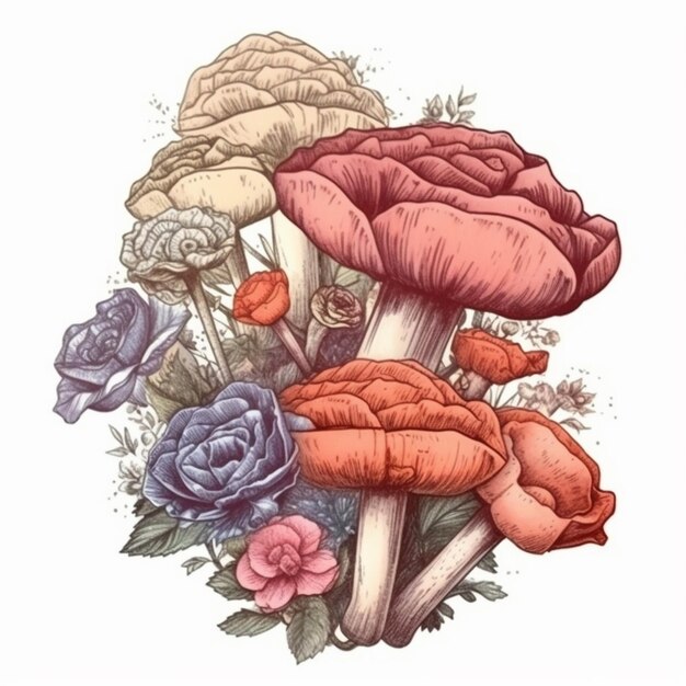 Aquarel schilderij van een mooi boeket bloemen en paddenstoelen