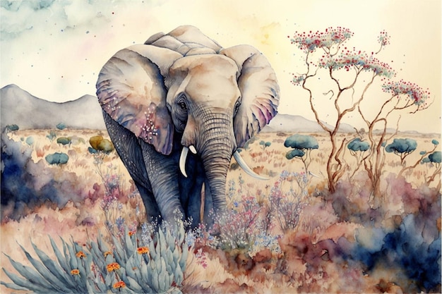 Aquarel schilderij van een olifant in een veld generatieve ai