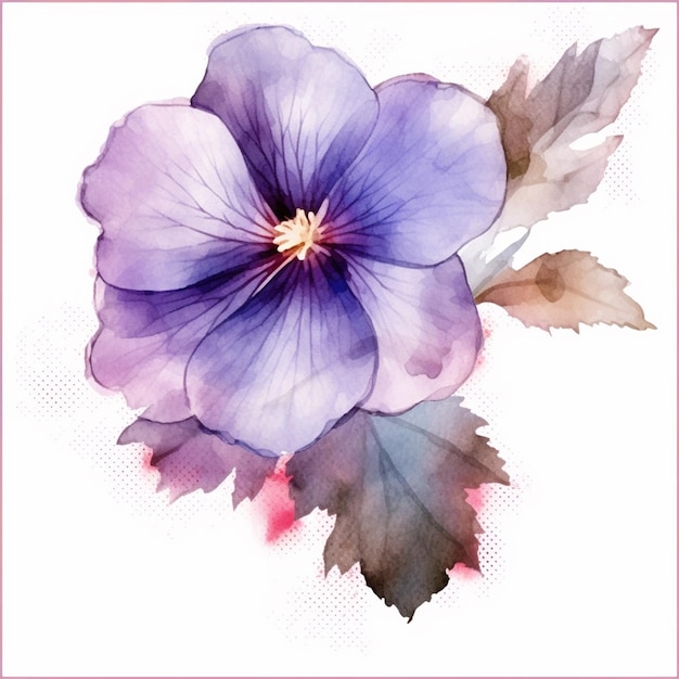 Aquarel schilderij van een paarse bloem met bladeren