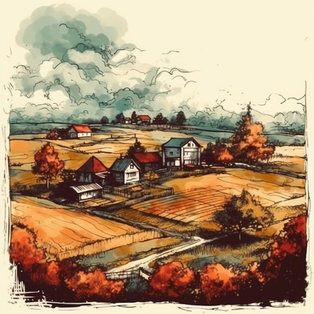 Aquarel schilderij van een prachtig dorp