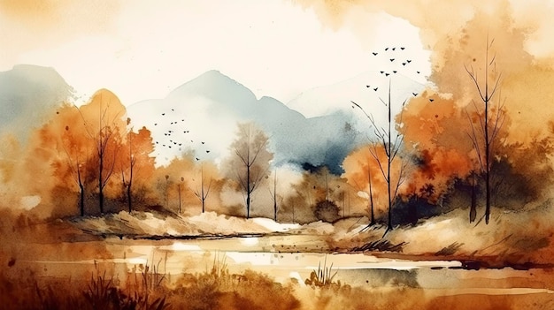 Aquarel schilderij van een rivier in de herfst