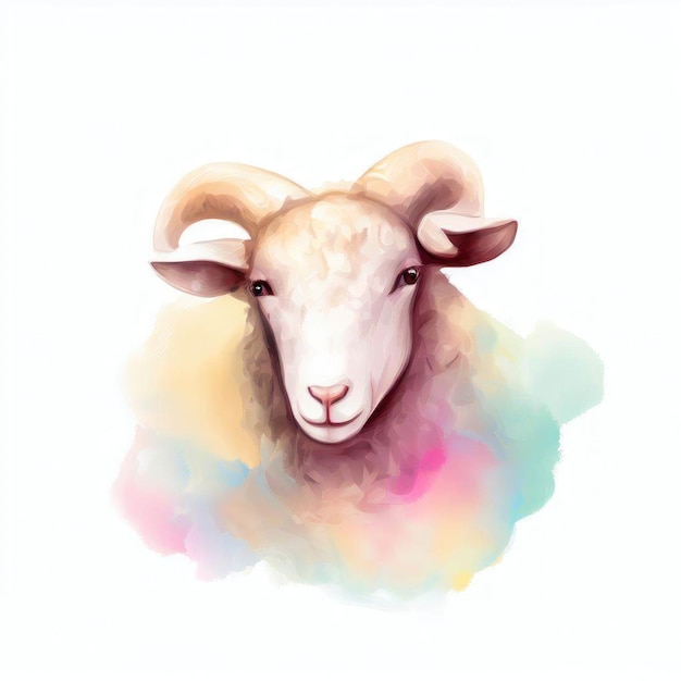 Aquarel schilderij van een schaap met hoorns