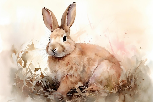 Aquarel schilderij van een schattig bruin konijn zittend in droog gras