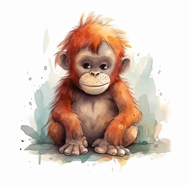 aquarel schilderij van een schattige baby orang-oetan geïsoleerd op een witte achtergrond