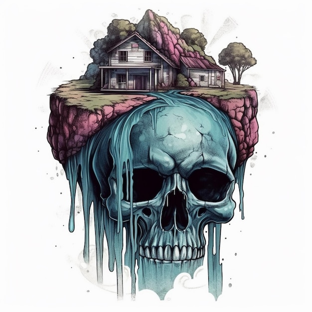 Aquarel schilderij van een schedelvormig huis
