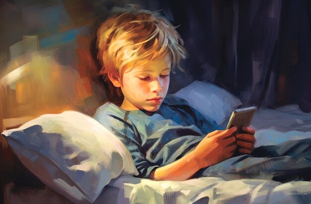 Foto aquarel schilderij van een tiener in bed met een mobiele telefoon of smartphone in zijn bediening