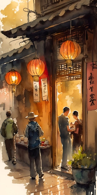 Aquarel schilderij van een traditionele Chinese winkel in een bruisende wijk