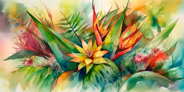 Aquarel schilderij van een tropisch boeket met palmbladeren en exotische bloemen Generatieve AI