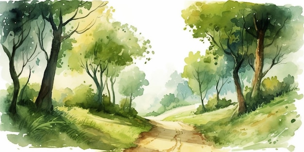 Aquarel schilderij van een weg in het bos