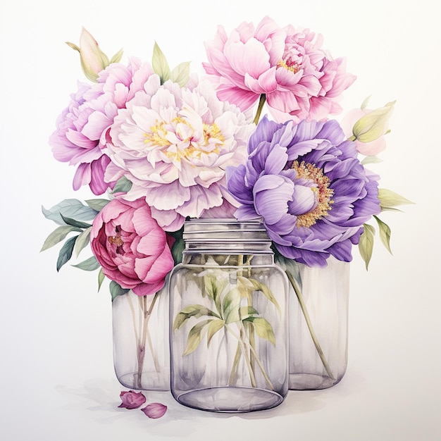aquarel schilderij van gebloeide wit roze en lila pioenroos in glazen pot generatieve AI
