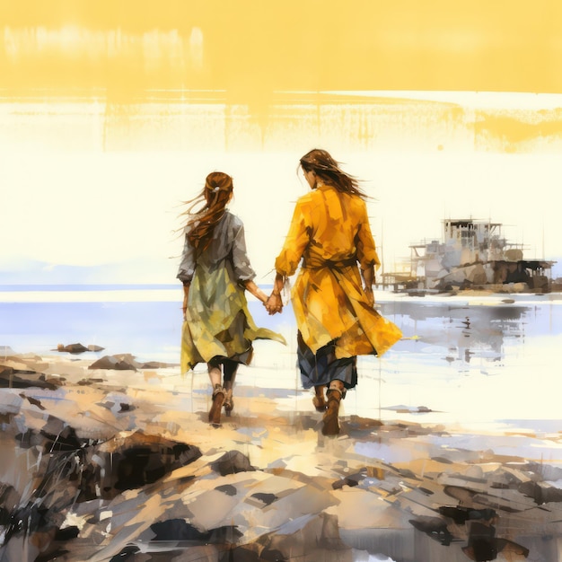 Aquarel schilderij van Guy Jones van een meisje en een jongen die hand in hand in gele kleren lopen