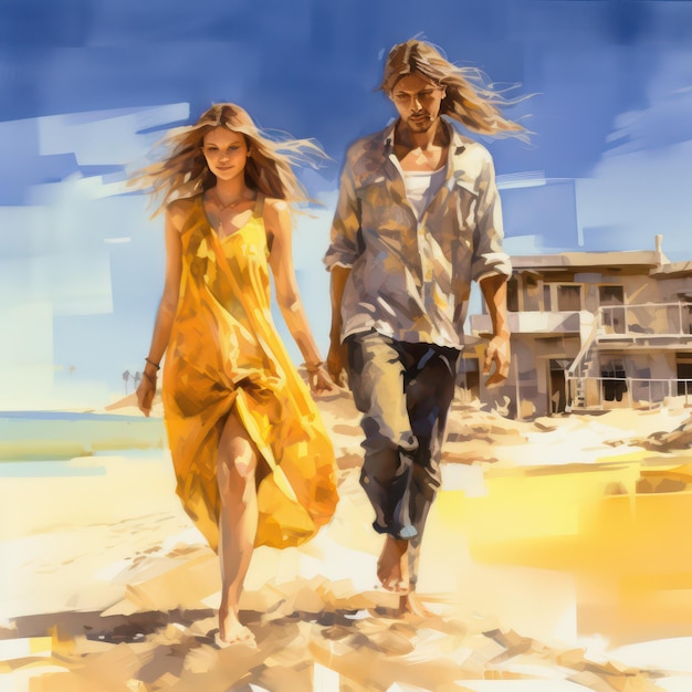 Aquarel schilderij van Guy Jones van een meisje en een jongen die hand in hand in gele kleren lopen