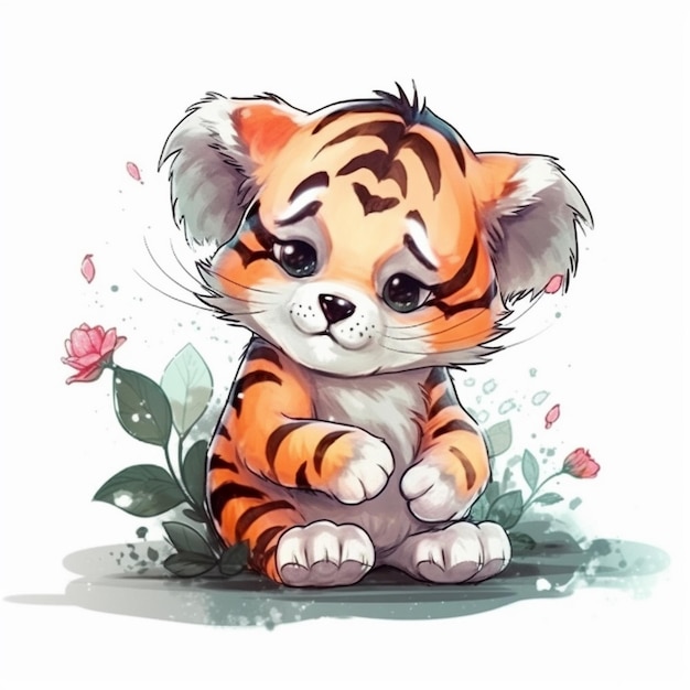 Aquarel schilderij van kleine tijger Chibi