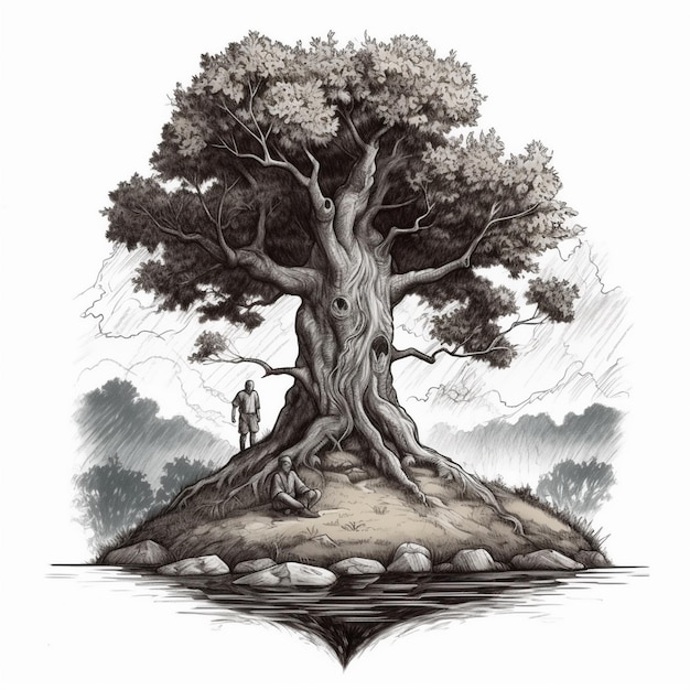 Aquarel schilderij van oude man en oude boom