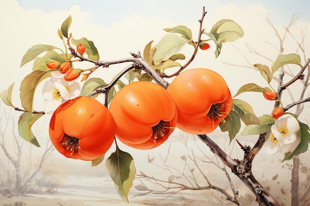 Aquarel schilderij van persimmonvruchten