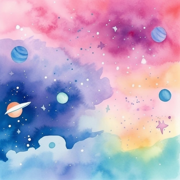 Aquarel schilderij van planeten en sterren met een roze achtergrond