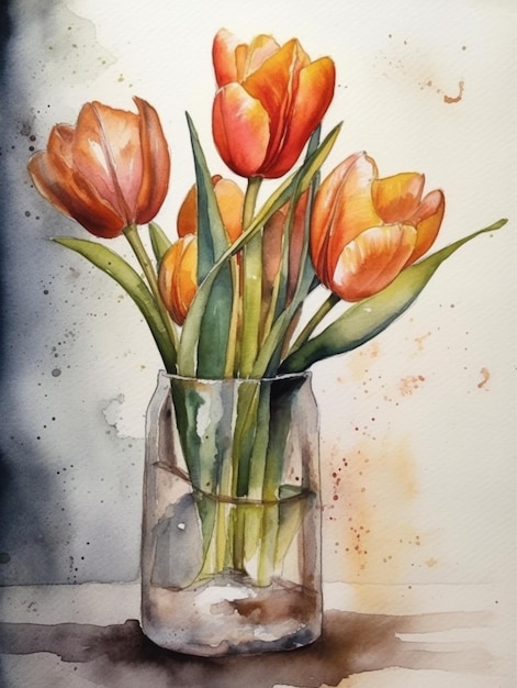 Aquarel schilderij van tulpen in een glazen vaas