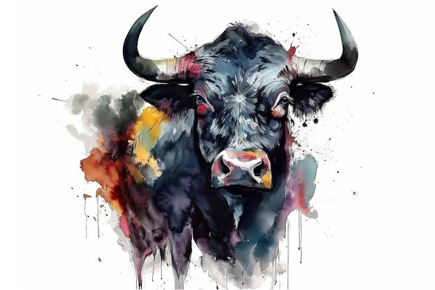 Aquarel schilderij van zwarte stier op witte achtergrond Wildlife Animals Illustratie generatieve AI