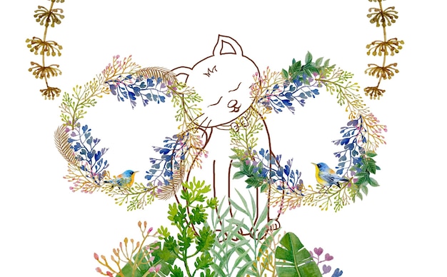 Aquarel schilderijen paar vogel en kat bloemstukken met wilde bloemen tuin witte achtergrond