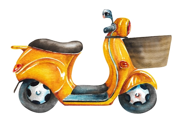 Aquarel scooter Gele bromfiets met een mand op een witte achtergrond